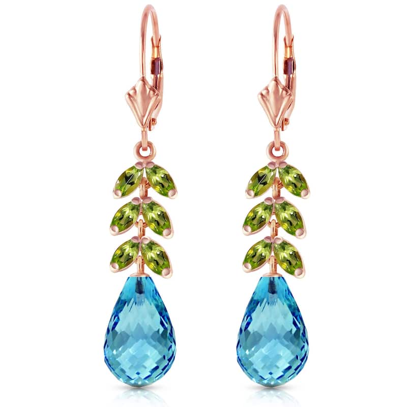 14K Solid Gold Leverback Gemstone Earrings Peridot & Blue Topaz