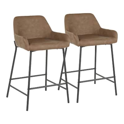 Set of 2 Brown Faux Leather Black Metal Indoor Counter Stools 33"