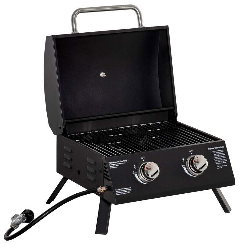2 Burner Propane Gas Grill Outdoor Portable Tabletop BBQ with Foldable Legs Lid Thermometer, for Camping Picnic Backyard - Black