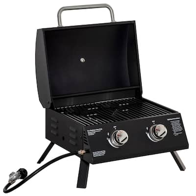 2 Burner Propane Gas Grill Outdoor Portable Tabletop BBQ with Foldable Legs Lid Thermometer, for Camping Picnic Backyard