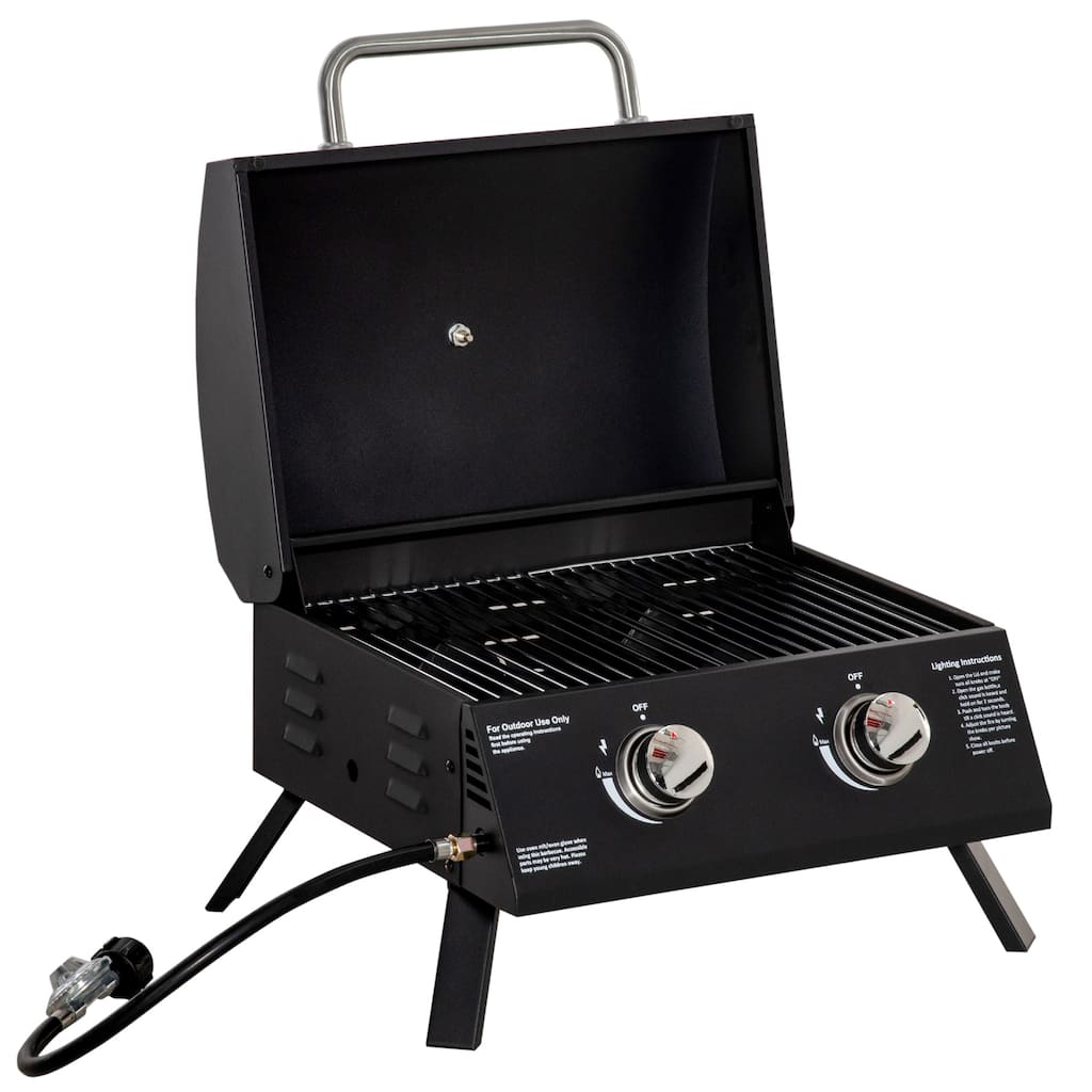 2 Burner Propane Gas Grill Outdoor Portable Tabletop BBQ with Foldable Legs Lid Thermometer, for Camping Picnic Backyard