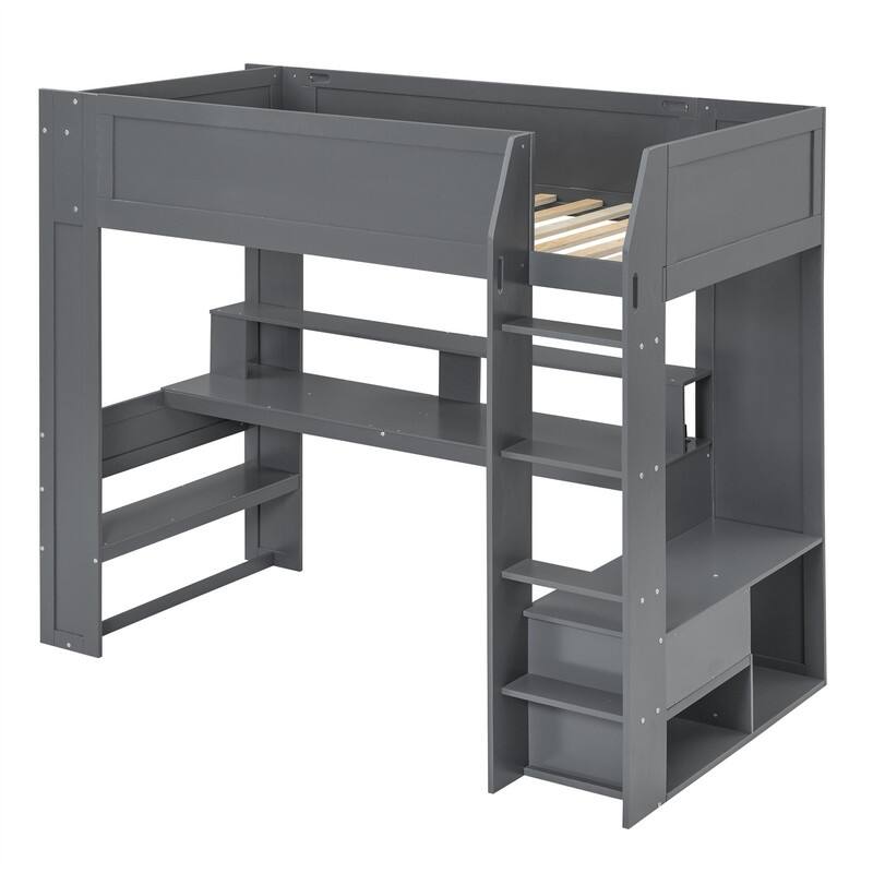 Wood Gaming Loft Bed with LED Light and Bulit-in Desk, Twin/Full Size Loft Bedframe w/Drawer, Storage Shelves & Charging Station