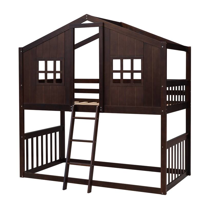 Twin Over Twin Size Playhouse Bunk Bed, Floor Bunkbeds, Solid Wood House Bed Frame with Ladder, Roof & Window, for Kids Teens
