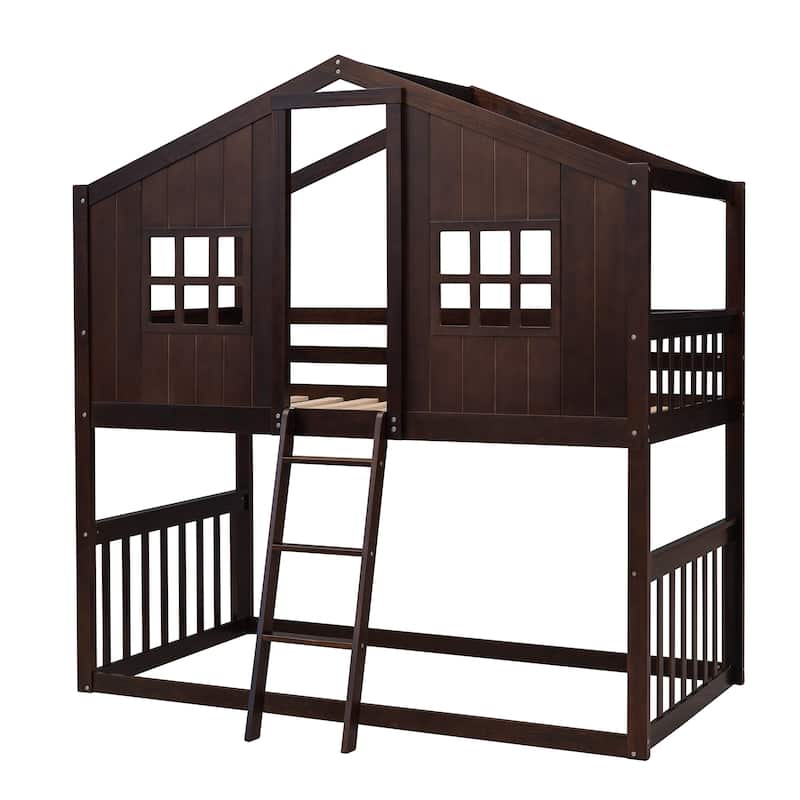 Twin Over Twin Wooden House Bunk Bed, Playhouse-Inspired Design with Ladder and Window, Solid Pine
