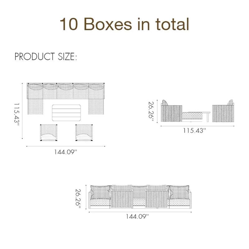 PURPLE LEAF Santorini 10 Piece Khaki Patio Sectional Sofa Set with Ottoman Cushions Poolside Garden Outdoor Conversation Sets