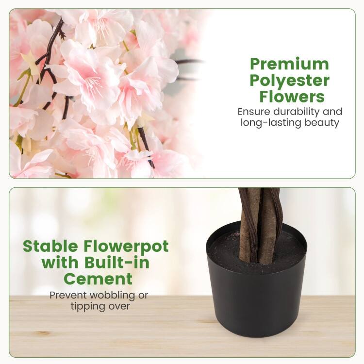 White Polyester PE Solid Wood Cherry Blossom Tree 5.5ft with Cement Pot