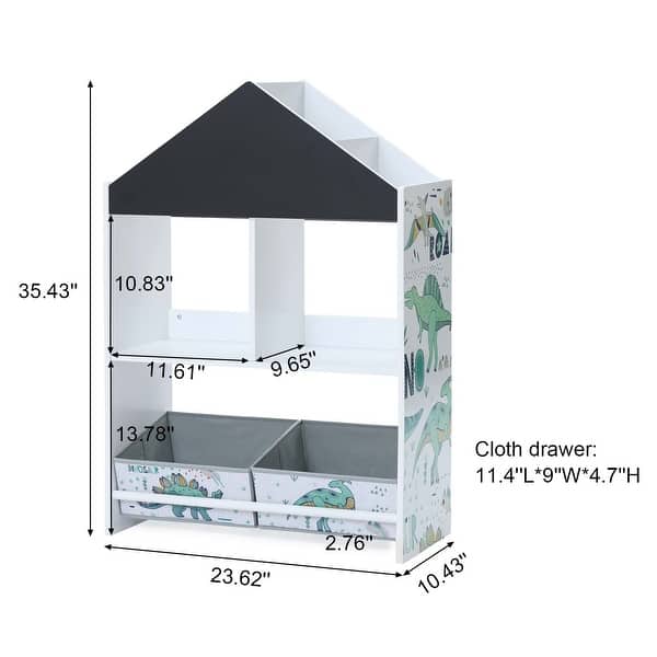 dimension image slide 1 of 2, Children's Multi-Functional House Bookcase Toy Storage Bin Floor Cabinet with Blackboard