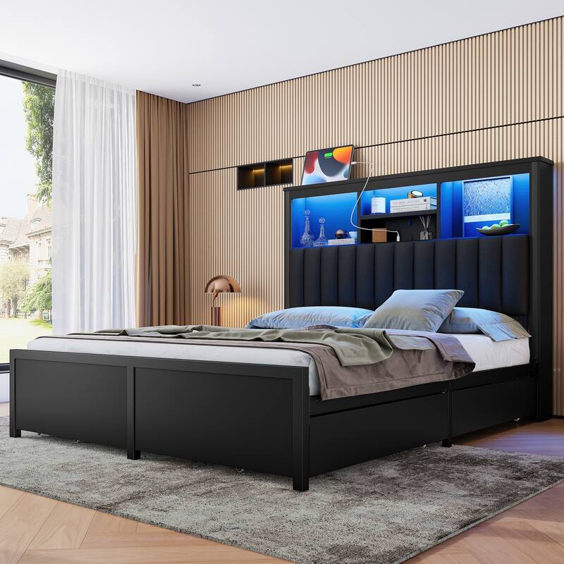 King/Queen Storage Bed with LED Headboard, Charging Station & 4 Drawers
