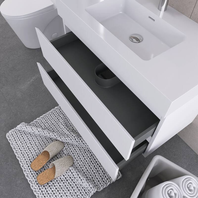 Wood Wall-Mounted Bathroom Vanity Set with White Integrated Resin Sink