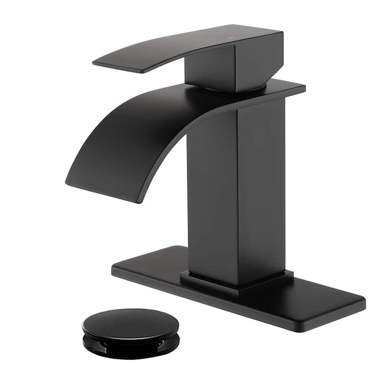 Single Handle Waterfall Bathroom Sink Faucet with Pop-up Drain 304 Stainless Steel 1 Hole Basin Vanity Faucets with Deck Plate - Matte Black