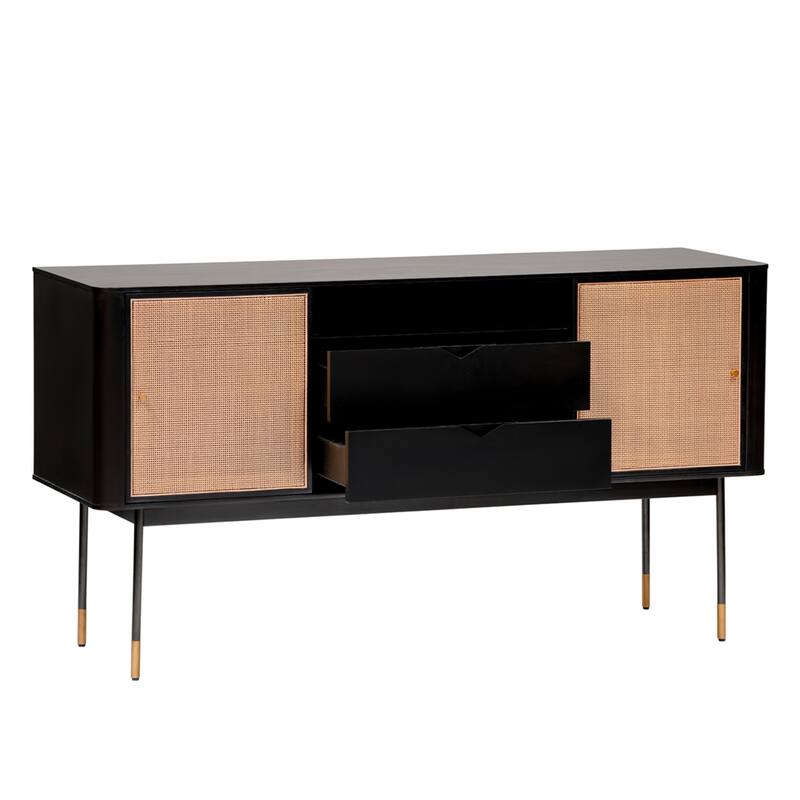 HomeRoots 59" Black And Natural Wood Two Drawer Sideboard with Two Sliding Doors - 59.06 in. x 31.89 in. x 18.51 in.