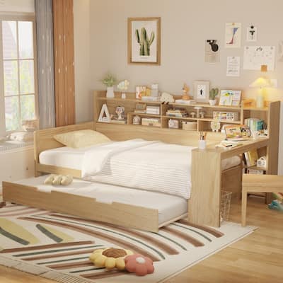 Twin/Full Size Multifunctional Daybed with Storage Shelves and Desk, Wooden Platform Bed Frame with Twin Size Trundle