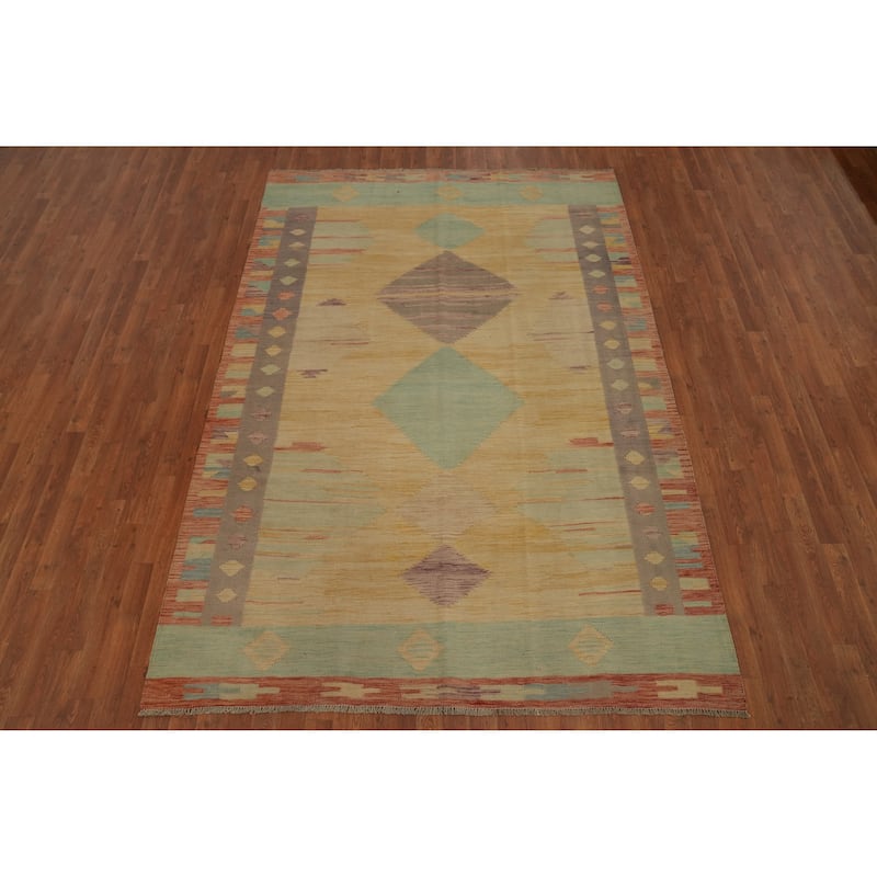 Hand Woven Southwestern Wool Yellow Geometric Area Rug - 8' 9'' X 6' 1''