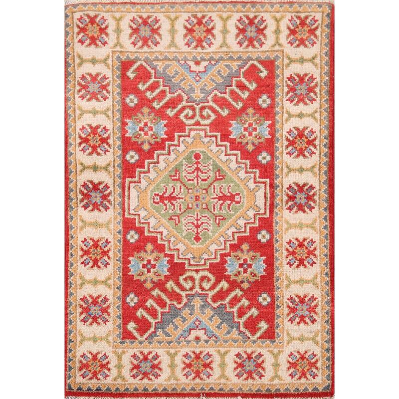 Geometric Kazak Oriental Accent Rug Hand-Knotted Wool Carpet - 2'1" x 2'11"