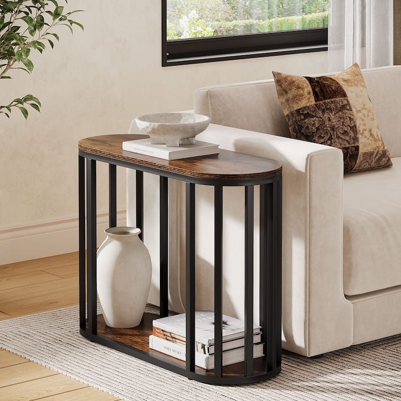 Narrow End Table with Storage, 2-Tier Industrial Side Table - Brown