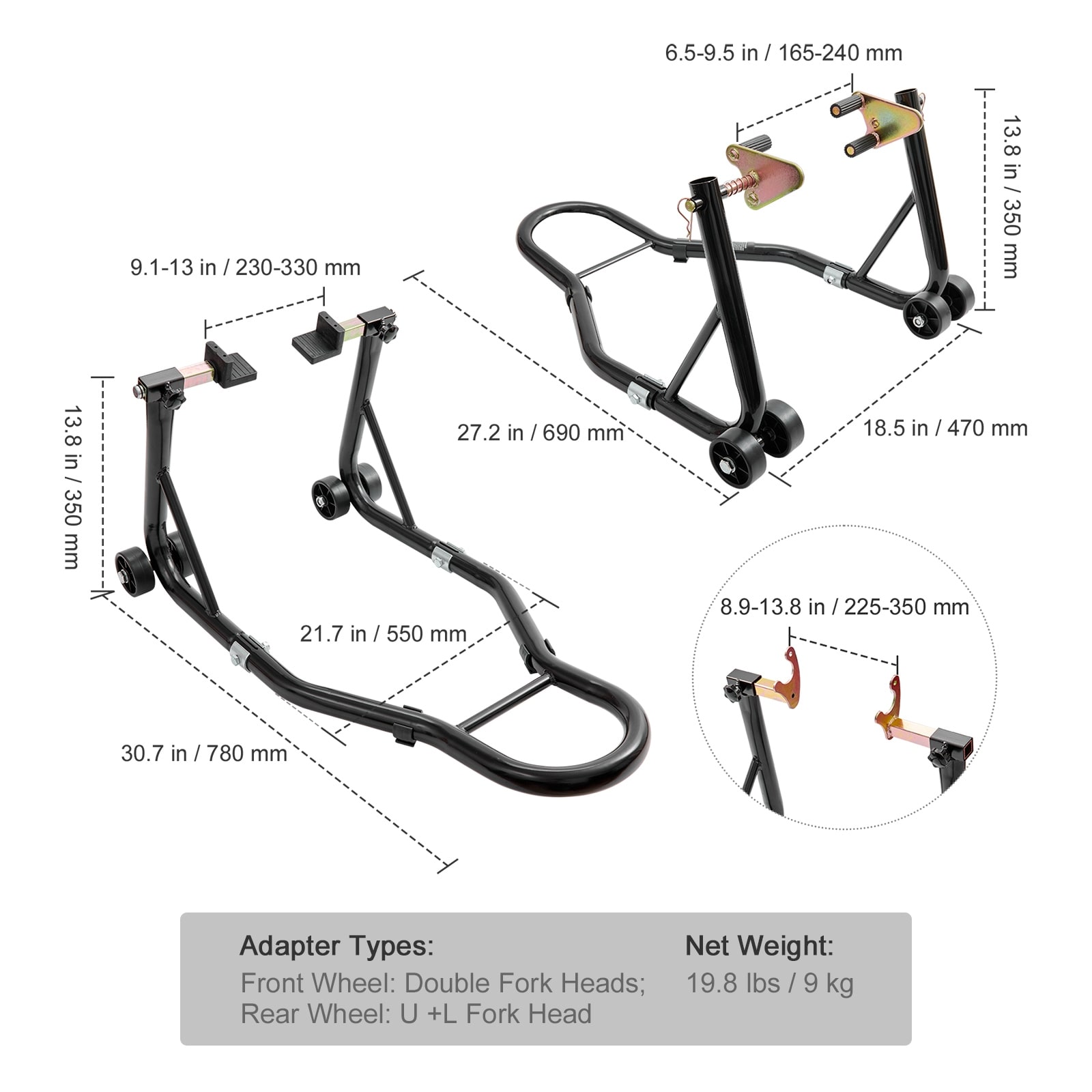 Motorcycle Front & Rear Swingarm Spool Lift Combo – Wheel Stands With U+L Fork Adapters