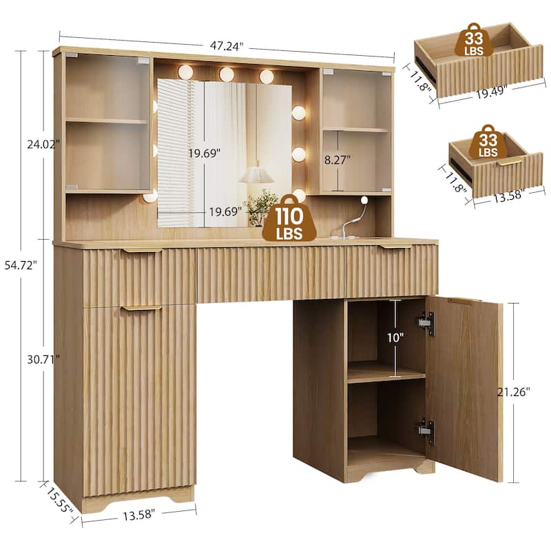 47" Modern Makeup Vanity Desk with Mirror and Large Cabinets, Dressing Table