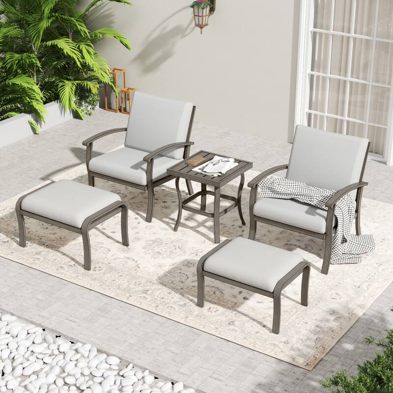 5-Piece Aluminum Patio Conversation Set with End Table, Ottoman and Light Gray Cushions