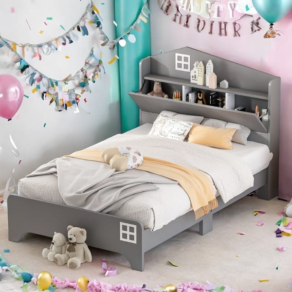 slide 2 of 11, Wooden Twin Size House Bed with Storage Headboard and Shelf, Kids Bed Grey