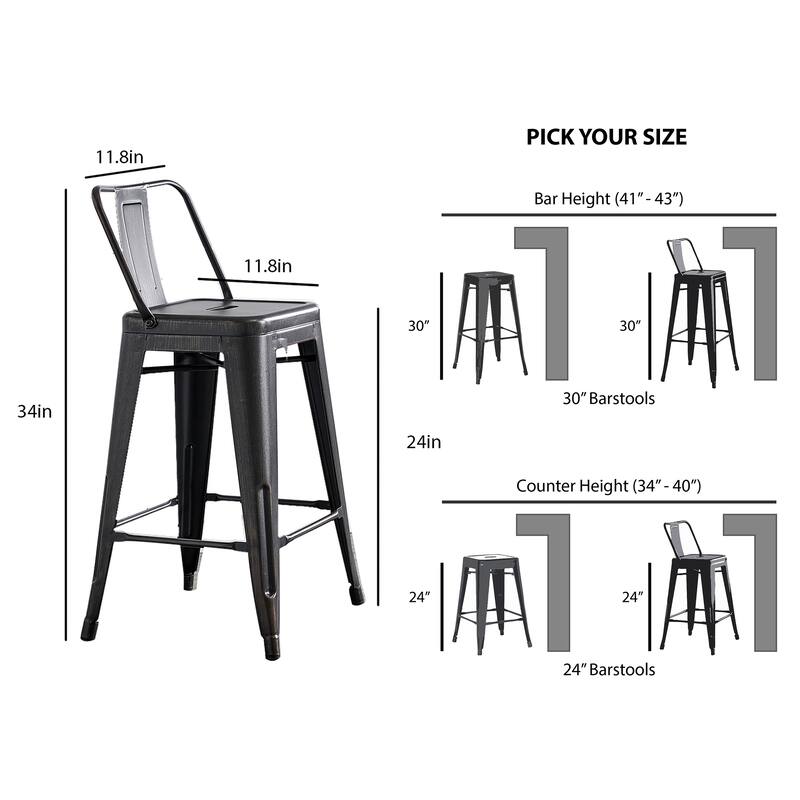 30" Industrial Distressed Black Metal Counter Height Kitchen Bar Stool Set of 2