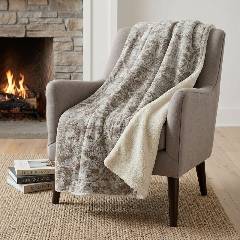 HomeRoots 50" X 70" Taupe And Beige Damask Polyester Woven Plush Throw Blanket - Throw - Taupe/Beige