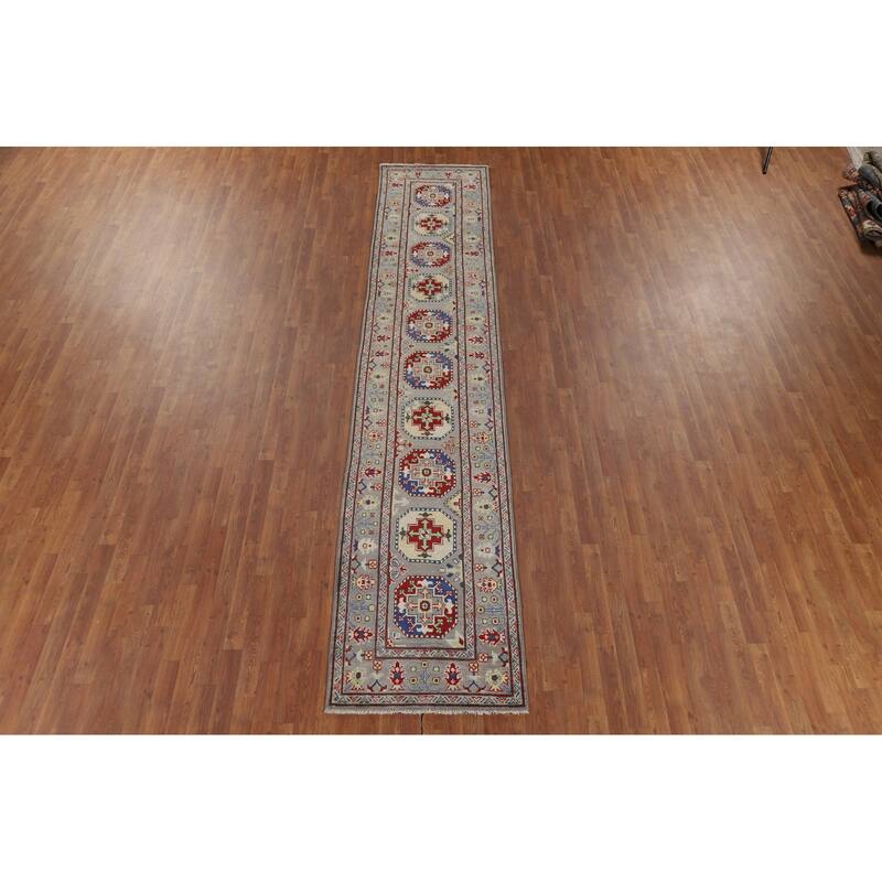 Hand Knotted Oriental 100% Wool Carpet Traditional Geometric Greys & Charcoal Kazak Runner Rug - 13' 3'' X 2' 8''