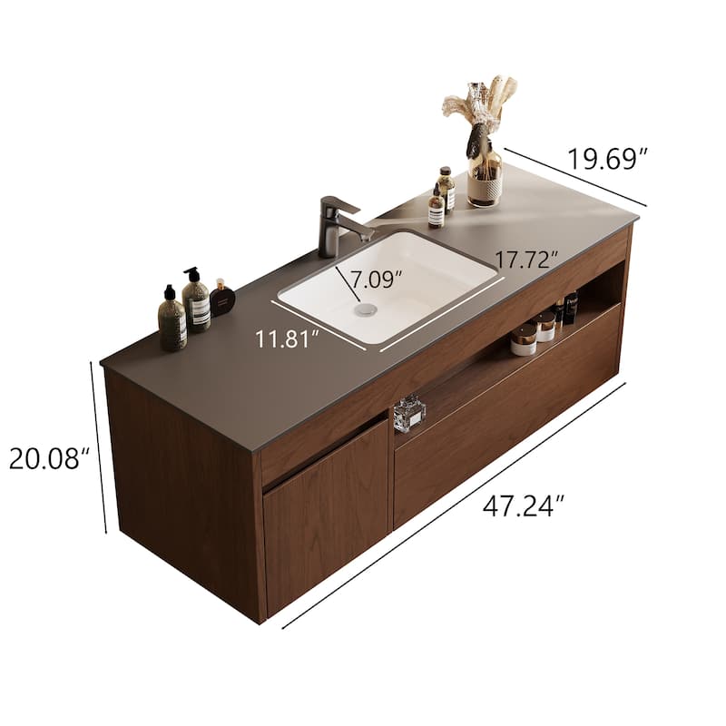 47.24'' Single Bathroom Vanity with Stone Top, Solid Wood, Dark Gray Stone Top