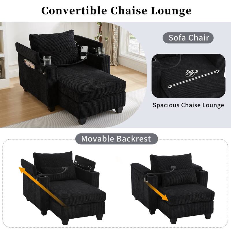 Convertible Chaise Lounge Sofa Chair with USB Ports, Storage 37.4" Corduroy Sleeper Sofa Bed with Adjustable Backrest