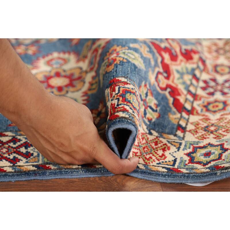 Hand Knotted Oriental 100% Wool Carpet Traditional Geometric Navy Blue & Blues Kazak Area Rug - 2' 11'' X 1' 11''