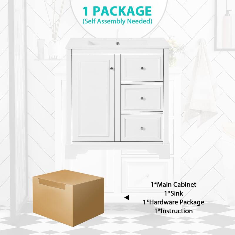 30" Bathroom Vanity with Ceramic Sink, Storage Cabinet and 3 Drawers