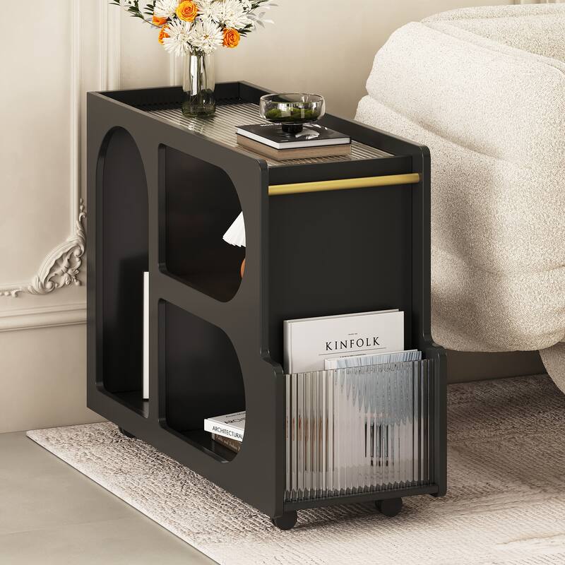 End Table with Storage, Side Table with Lockable Wheels/Golden Round Rod