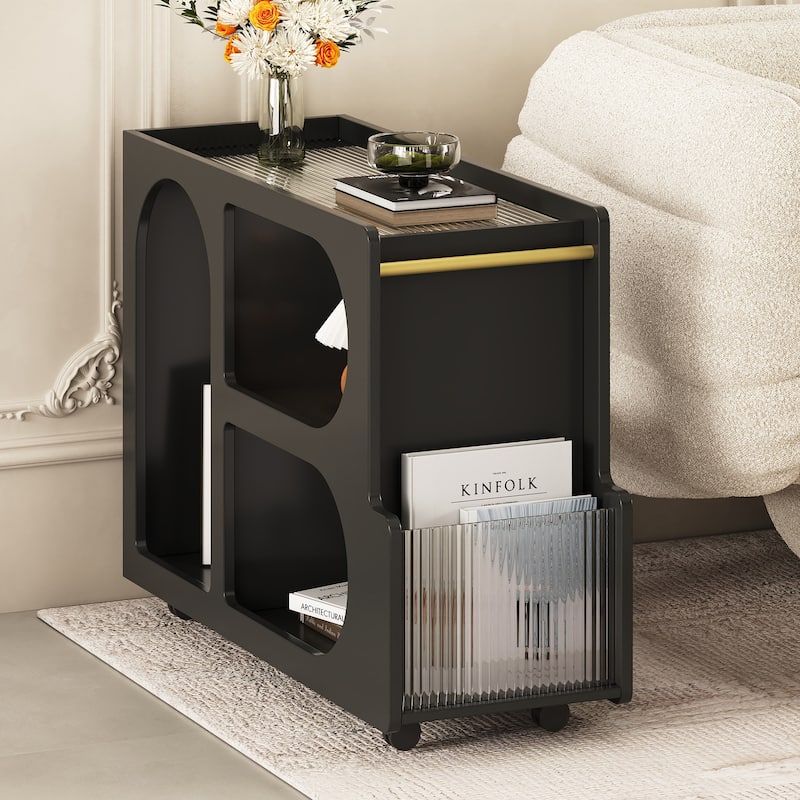 Roomfitters Mobile End Table with Lockable Wheels, Narrow Coffee Table with Fluted Tempered Glass and Golden Rod Design