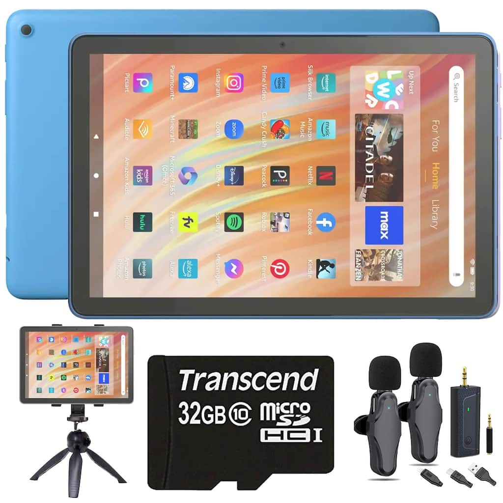 Amazon Fire HD 10 64GB 10.1" Tablet - 13th Gen (Ocean) + Recording Set for Podcasters and Youtubers