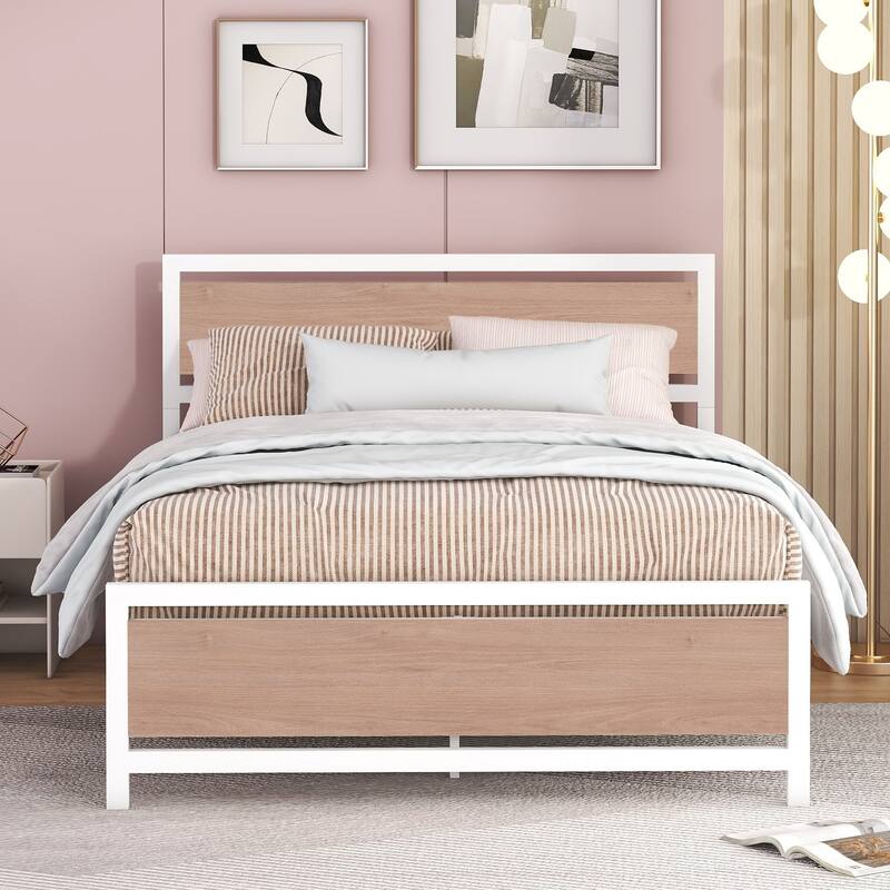 Full Size White Platform Bed Metal Bed Frame Double Bed for Guest Room