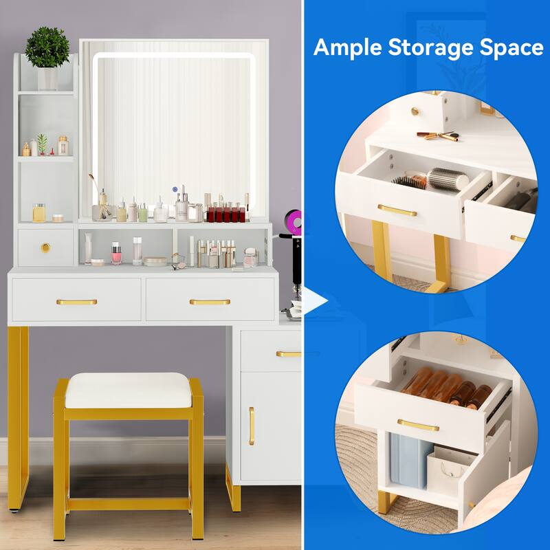Moasis Vanity Table Set LED Mirror Makeup Desk with Wider Storage Dresser Bedroom - 37.4''L x 15.3''W x 53.9''H