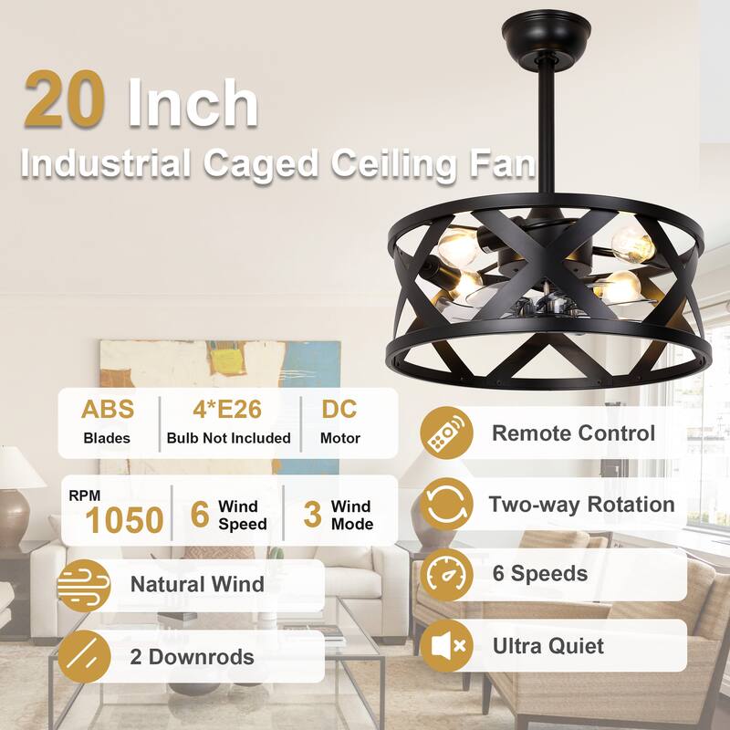 Cusp Barn 20" Farmhouse Caged Ceiling Fan with Lights and Remote, Industrial Black Fandelier, 6-speed Quiet DC Motor Ceiling Fan