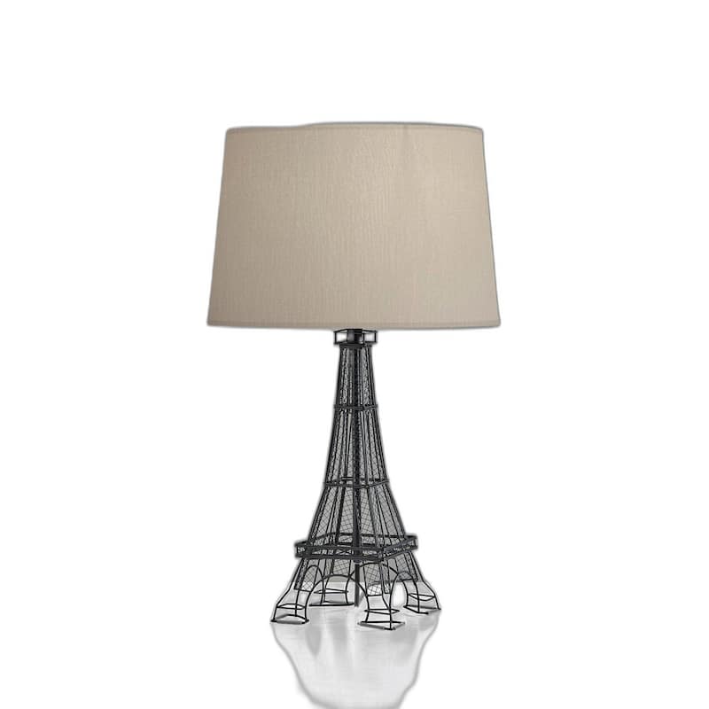 Black Acrylic Eiffel Tower Table Lamp with White Drum Shade and Rotary Switch - 15” x 15” x 25” (D x W x H) - Black-White
