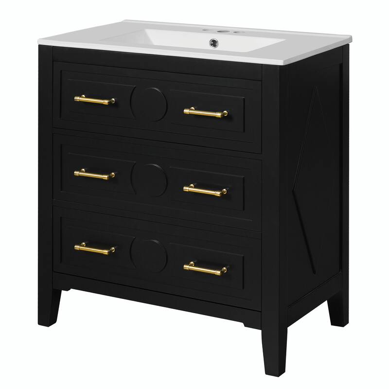 30'' Free Standing Bathroom Vanity Set with Ceramic Sink, 3 Drawers & Solid Wood Frame