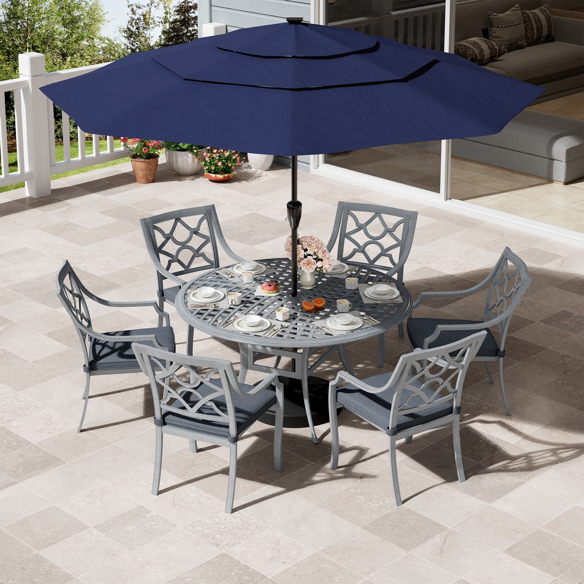 7 Piece Outdoor Furniture Patio Dining Set, Cast Aluminum Round Table and Chairs, Gray Cushion