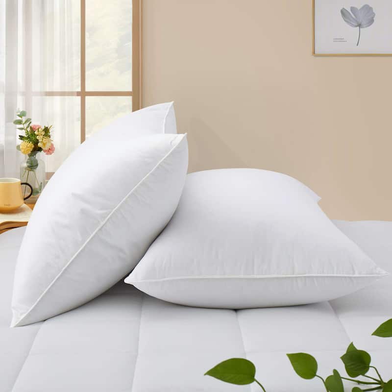 Set of 2 Goose Down Feather Oval Gusseted Bed Pillows with 100% Cotton Cover - White