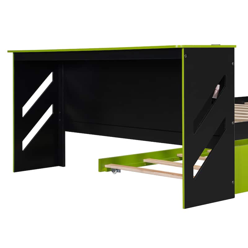 Esports & Work Daybed Full Size Platform Bed for Teens with Twin Size Trundle, Built-in Desk, USB Ports and Cable Management