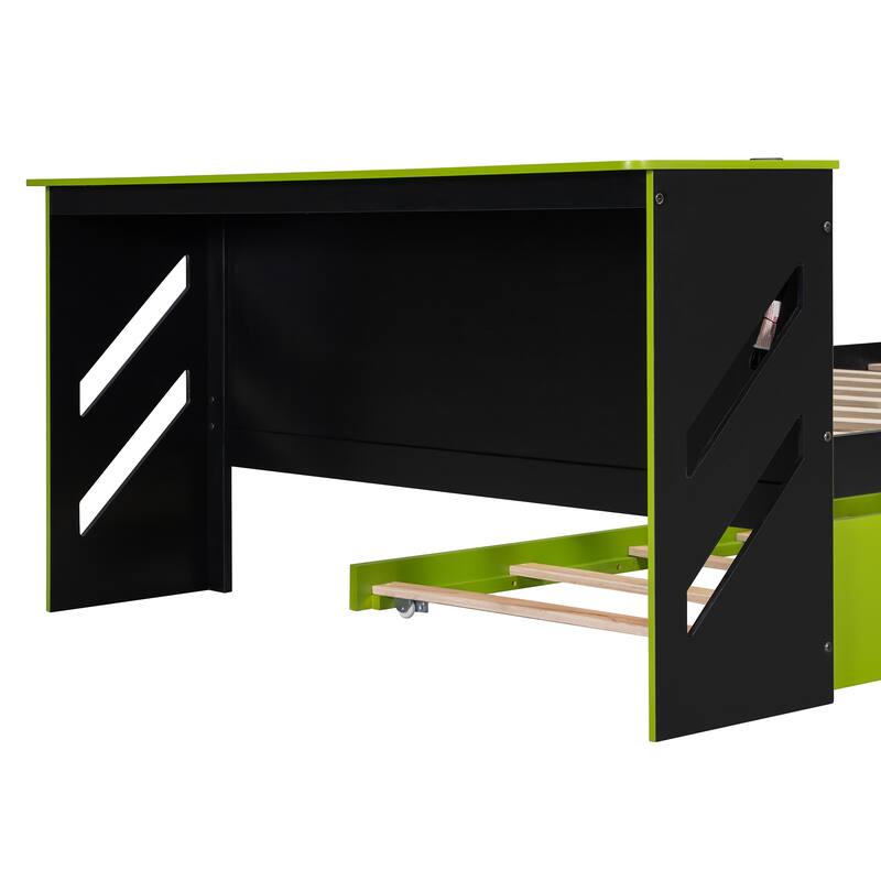 Full Size Wood Daybed with Twin Trundle, Desk, and USB Port