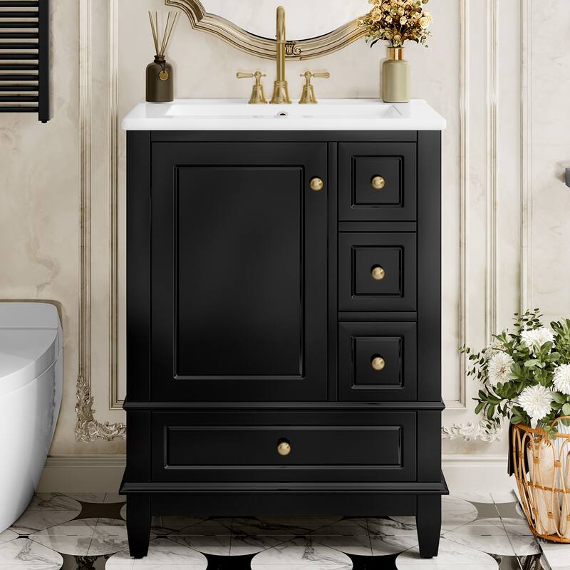 Roomfitters 24" Bathroom Vanity with Sink, Solid Wood Frame, 3 Drawers & Side Cabinet with Door Racks - Black