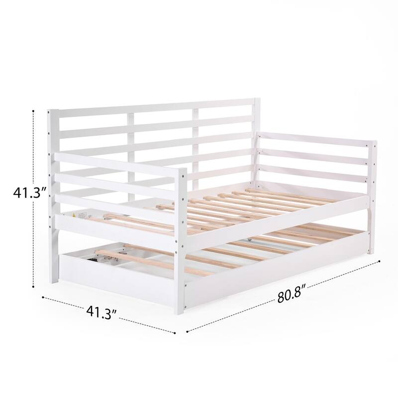 Twin Daybed with Trundle & Guardrails - White Pine Wood Sofa Bed, 350lbs Capacity, Space-Saving for Bedroom/Living Room