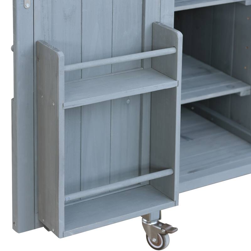 Outdoor BBQ Cabinet, Solid Wood Kitchen Cart, Rolling Kitchen Island on Wheels with Stainless Steel Top and Shelfs, Grey Blue