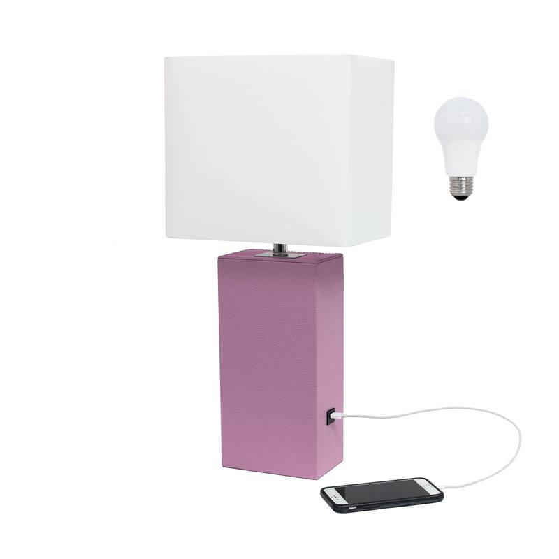 Modern Leather Table Lamp with USB and White Fabric Shade