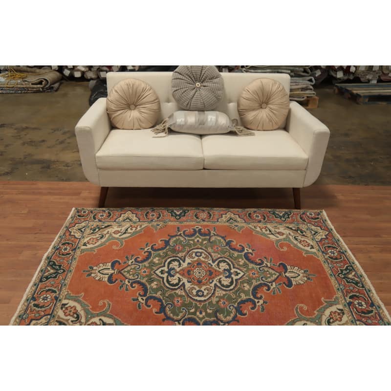 Hand Knotted Oriental 100% Wool Carpet Traditional Medallion Oranges & Rust Tabriz Area Rug - 5' 10'' X 4' 5''