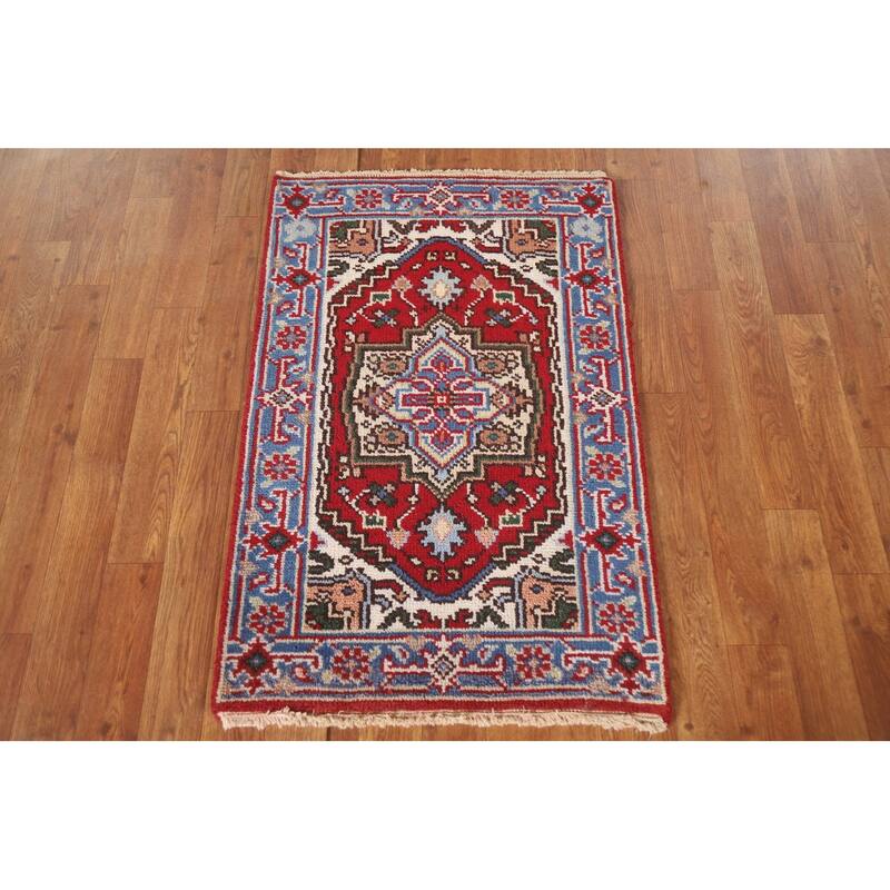 Red Geometric Heriz Serapi Indian Foyer Rug Hand-knotted Wool Carpet - 2'0"x 3'0"
