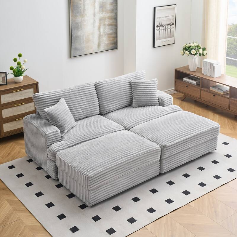 Corduroy Sleeper Sectional Sofa Loveseat Couch with 2 Storage Ottomans