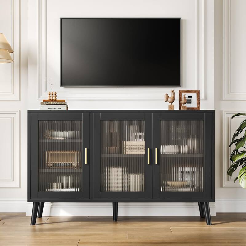 Sideboard Buffet Cabinet, 48" Kitchen Sideboard Cabinet with 3 Fluted Glass Doors Removable Shelves
